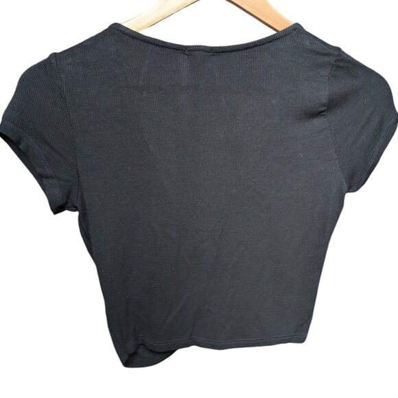 Garage Little V-Neck Black Ribbed Top with Front Bow Tie Women Size Medium - Picture 2 of 6